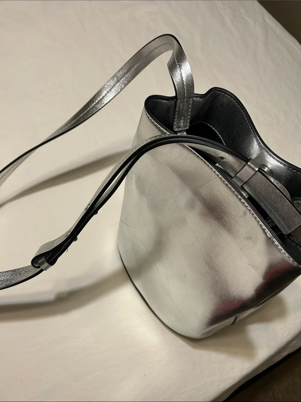 French Connection Silver Metallic Leather Crossbody Bucket Bag